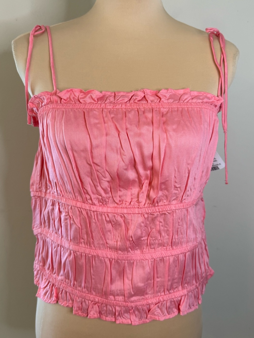 Vero Moda pink crop top ruffles elastic tiers shoulder ties SZ LG